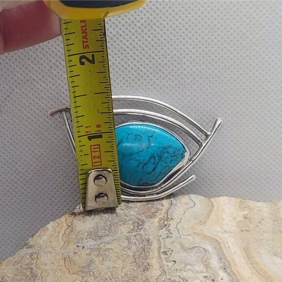 Vtg Modernist Artisan Signed Sterling Silver Turquoise Brooch - Picture 6 of 7